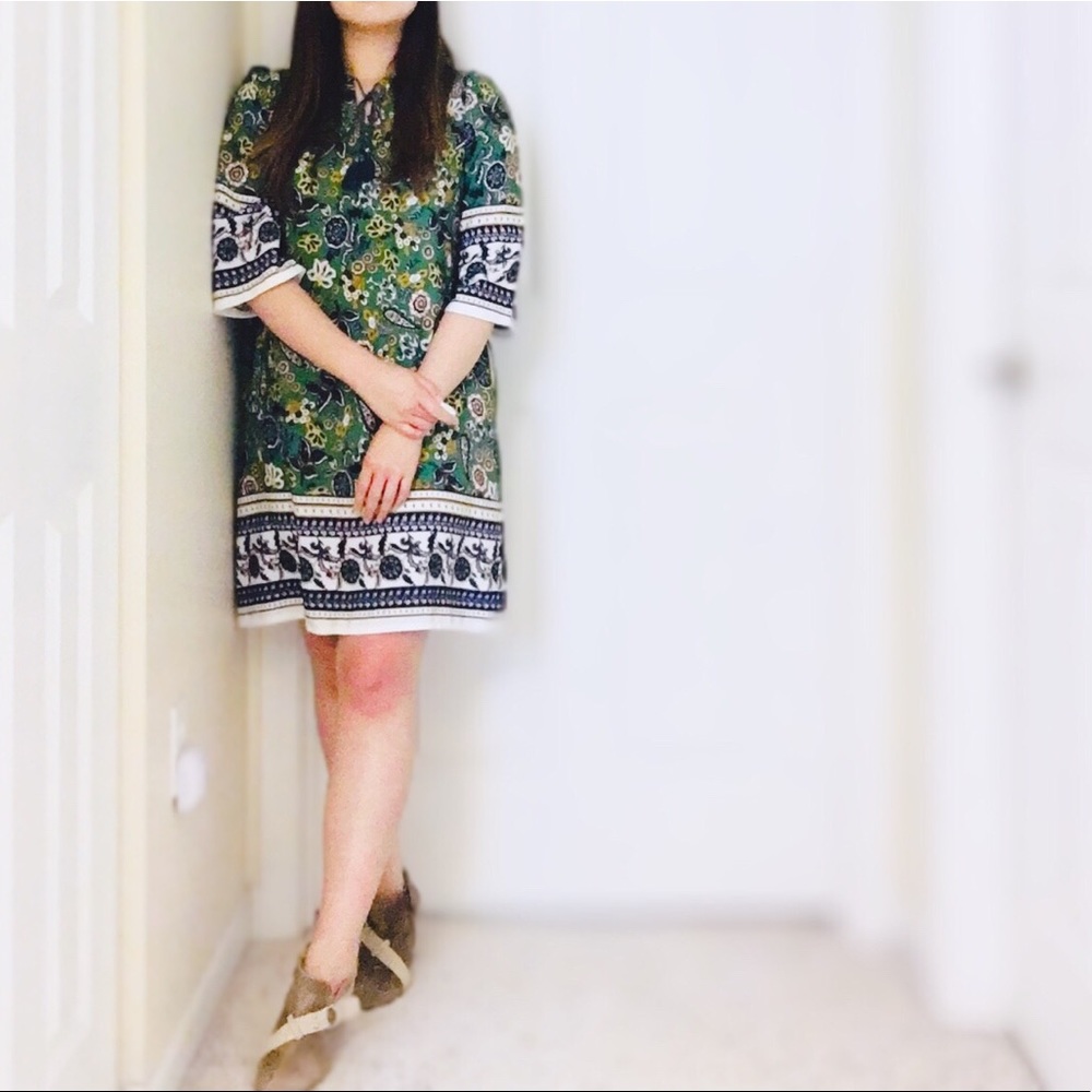 Women's Printed Dress – Green Floral / Boho Border Design
